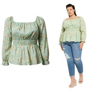 Torrid Cotton Clip Dot Long Blouson Sleeve Smocked Top Blouse Green Floral 3X